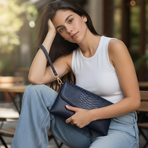 Cartera sobre con correa larga en cuero natural tipo clutch