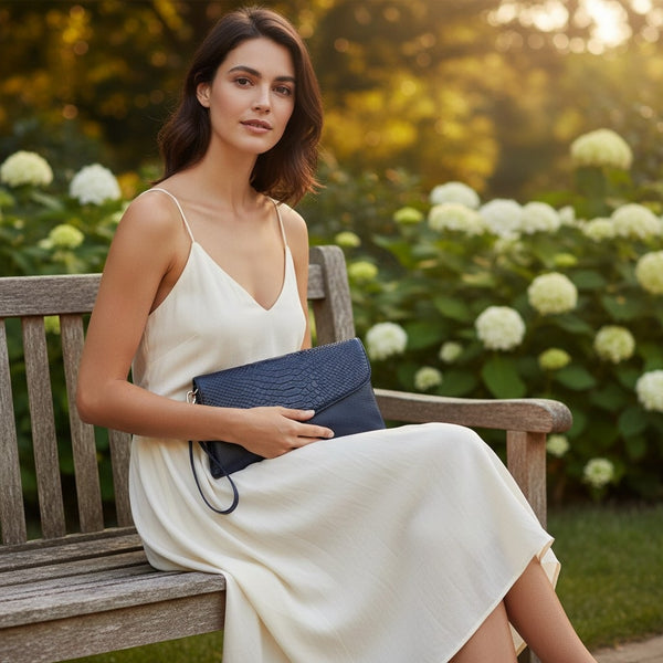 Cartera sobre con correa larga en cuero natural tipo clutch
