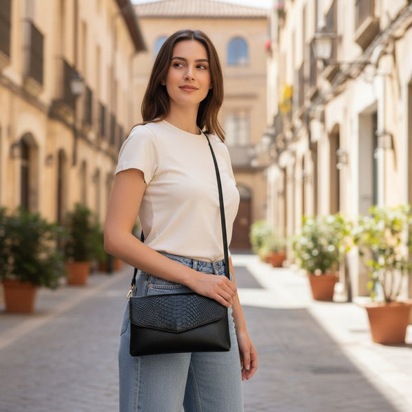 Cartera sobre con correa larga en cuero natural tipo clutch