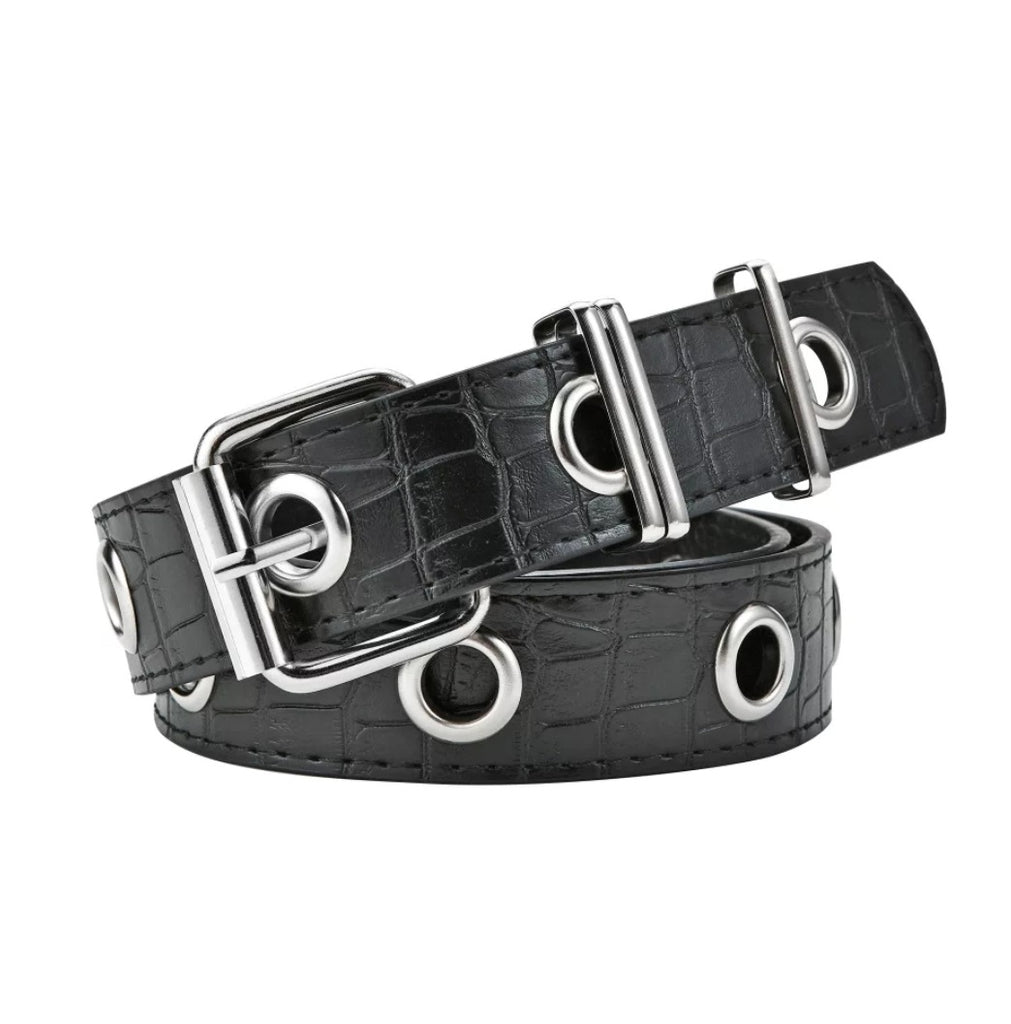 Cinto ojal metal  negro texturado